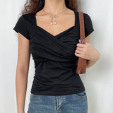 Criss Cross Ruched V Neck Tee-Outfit