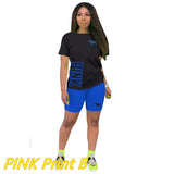 PINK Letter Print Gradient Two Piece Sets Women Round Neck Short Sleeve Top + Shorts Tracksuits Summer Fashion