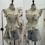 Real Shoot French Retro Irregular Lotus With Chest Cushions With Ribbon Sling Vest Summer Chiffon Top
