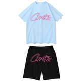 Devil Island Rose Red Letter Printed Short-Sleeved T-Shirt Casual Shorts Set For Men And Women-Outfit