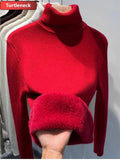 Warm Sweater Pullover Women Slim Thicken Plush Velvet Lined Knitwear Jumper Korean Half Turtleneck Poleras Soft Knit