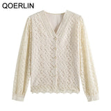 Elegant Tops Shirt Women Korean Style V-Neck Lantern Sleeve Embroidered Lace Mesh Blouse Plus Size 2021 Spring
