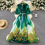 Fongt Women's Niche Elegant Dress New Hollow Nail Ball Neck-To-Celing Waist-Print Folding Long Skirt