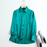 Women High Quality Green Satin Shirts Long Sleeve Solid Turn Down Collar Elegant Office Ladies Work Wear Blouses