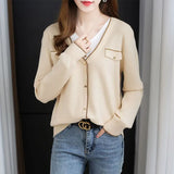 Solid Color Knitted T-shirt Button Female Clothing Korean Spring Autumn Fake Two Pieces Spliced Casual V-Neck Pullovers-Outfit