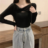 Collarbone Leisure Hollow Long-Sleeved Knitted Shirt Women Autumn New Slimming Elastic Inside The Bottom Of The Blouse