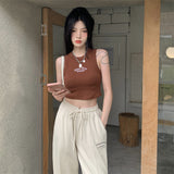 Letter Embroidery Ribbed Cropped Tank Top-Outfit