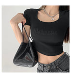 Fongt Letter Embroidered Slim Bottom Shirt Square Collar Low Breast Collarbone Short-Sleeve T-Shirt Midcrop High Waist