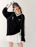 Stripe Bow Oversized V-neck Black Jersey Long Sleeve Top-Outfit