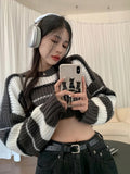 Harajuku Striped Cropped Sweater Women Kpop Hippie Streetwear Oversize Pullover Knitted Tops Korean Style Basic