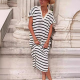 Fongt Summer Dress Women's V-Neck Stripe Low Slit Lapel Long Sweater Even-Outfit
