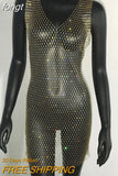 Sale Fishnet Bling Crystal Diamonds Dress Grid Sleeveless O Neck Sexy See Through Women Skinny Mini Dresses Night