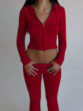 Knit Zipper Hodded Top And Pants Set-Outfit