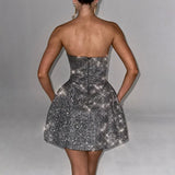 Black Glitter Removable Bow Tube Mini Dress-Outfit