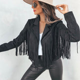 Fashion Tassel Cardigan Women Y2k Fringed Hem Crop Tops Motor Biker Jacket Suede Leather Jacket Vintage Coat
