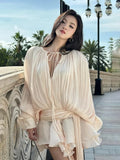 Long Sleeve Pleated Ruffle Mini Dress-Outfit