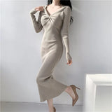 V-Collar Long-Sleeved Knitted Dress Skirt Autumn And Winter 2024 New Sweater Skirt-Outfit