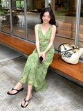 Fongt Xixi 2025 Summer New Korean Version Of High-Waisted Holiday Sling Dress V-Neck Print Pure Desire Skirt 88353