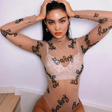 Fongt Summer New Women's Round Collar Long-Sleeved T-Shirt Perspective Mesh Sexy Slim Jumpsuit-Outfit