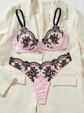 Pink Satin Black Lace Patchwork Lingerie Set-Outfit