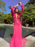 Through Women's Summer Mesh Dress for Beach V Neck Long Sleeve Transparent Maxi Dresses for Women Beachwear Pink