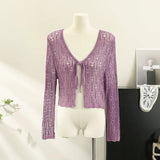 Hollow Out Sweater Shirts Lady Summer Full Sleeve Laced Crocheting Cardigan Thin Short Coats for Slim Woman-Outfit