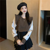 Fongt Spring Splicing Bubble Sleeve Knitted Sweater Women's Season Design Sense Niche Lotus Side Long Sleeve