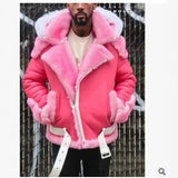 Fongt Men's Imitation Leather Plus Thick Fur One Short Zipper Coat Hooded Men's