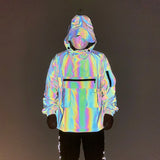 2024 Functional Style Dazzling Reflective Work Jacket Male Ins Hooded Jacket Half Zip Blazer-Outfit