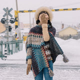 Boho Cloaks Capes Top Red Women Autumn Winter Floral Knitted Poncho Capes Tassels Chic Cloak Poncho
