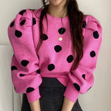 Y2K 2021 Women Autumn Winter Sweaters Knitted Vintage Fashionable Pullovers Elegant Puff Sleeve Dot Short Tops