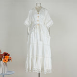 Fongt And Autumn New Court Style Small Retro Hollow High-End Lace To Receive Short-Sleeved Collar Long Dress