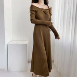 Hepburn Style Advanced Sexy Shoulder Black Long-Sleeved Knitted Dress Women's Autumn Temperament Slim Dress-Outfit