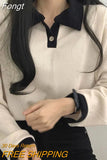 Sweatshirts Patchwork Women Preppy Style Basic T-Shirts Long Sleeve Turn-Down Collar Harajuku Fashion Casual