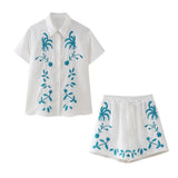 Fongt Spring / Summer Holiday Wind New Women's Cotton And Linen Embroidered Short Sleeve Shirt Drawn Rope Shorts Two Sets-Outfit