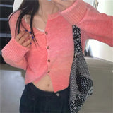 Gradients Pink Cardigan Korean Autumn Winter Long Sleeve Knitted Sweater Casual Streetwear Pullover