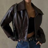 Fongt Women's Fall 2023 New Vintage Temperament Lapel Zipper PU Leather Casual Jacket