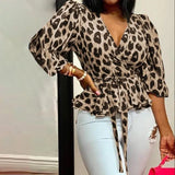 Deep V-Neck Leopard Print Belted Fashion