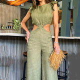 Fongt New 2024 Summer Round Collar Flounce Jumpsuit-Outfit