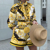 Fongt Spot 2024 Autumn / Winter Women's Shopify Print Long Sleeve Jacket Shorts Set Two-Piece Set-Outfit