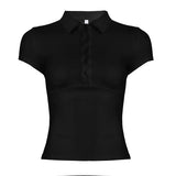 Fongt Style Collar Buckle V-Neck Spliced Chest-Type Umbilled T-Shirt Hottie Temperament Female Casual Top