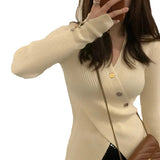 Fongt 2023 Pure And Slim V Neck Sweater Cross A4 Waist Slim Slit Sleeve Knit Long Sleeve Inside-Outfit