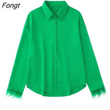 2023 Women Solid Feather Decorate Shirt Blouse Long Sleeve Chic Female Office Lady Tops