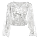 White Sheer Lace Knot Long Sleeve Crop Blouse-Outfit