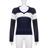 V Neck Striped Cable Knit Downtown 90s Top-Outfit