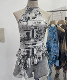 Trend Irregular Hanging Neck Dyeing Net Yarn Vest Lotus Side Ribbon Short Sleeveless Top