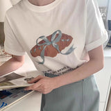 Fongt East Gate Spring Minority Age Reduction Round Collar Tie Bow Print Loose Versatile Short-Sleeved T-Shirt Top-Outfit