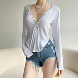 Fongt Girl Wind Low Chest Reasted Basic Knit Long Sleeve T Shirt Loose Versatile Lazy Feeling Casual Top-Outfit
