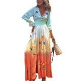 Fongt Women's V-Neck Dress Print Tamped Tannesor Long Sleeves 8077
