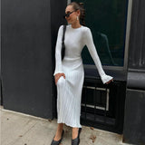 Fongt Women's Clothing 2025 Spring Knit Round Neck Pit Striped Syringe Horn Sleeve Tie Solid Color Casual Dress Girl